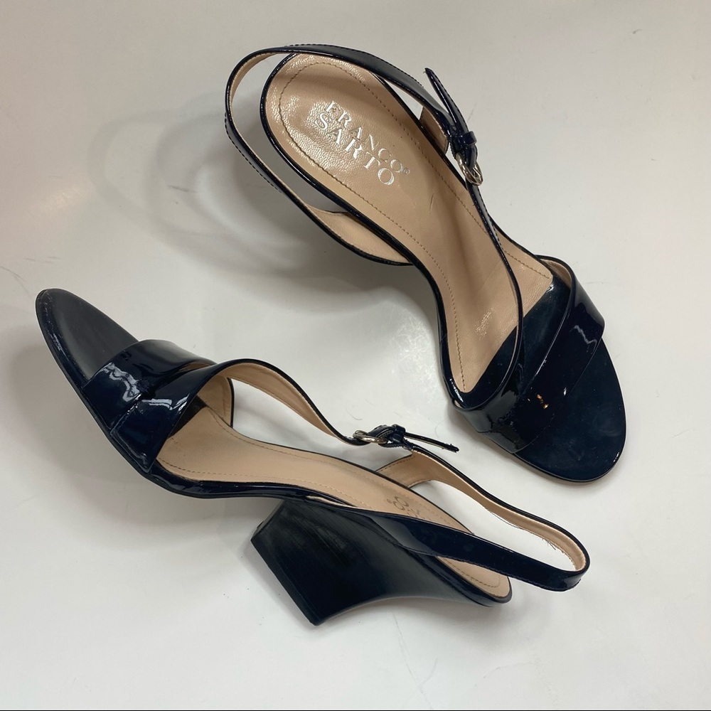 Franco Sarto || Navy Blue Patent Leather Cone/Wedge Heel Sandal; Size 8 1/2M
